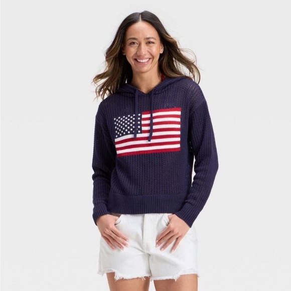 Universal Thread Tops - Universal Thread Navy Hoodie with Flag Design